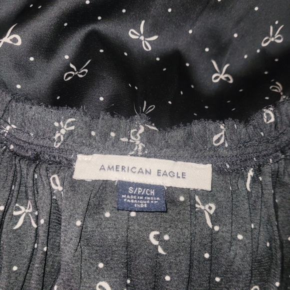 American Eagle Black Double Tie-Front Cropped Babydoll Top With Bow Print S - Picture 7 of 7